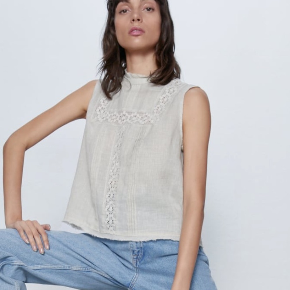 Zara embroidered rustic xs beige top NWT - Picture 3 of 4